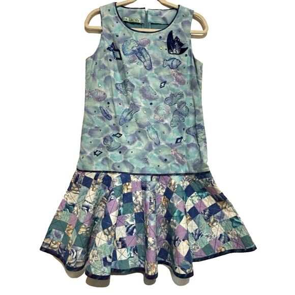 1 of Kind Mary Lu K Patchwork quilt Mermaid Flair Dress Ocean Blue’s Sz S fish - Picture 1 of 11